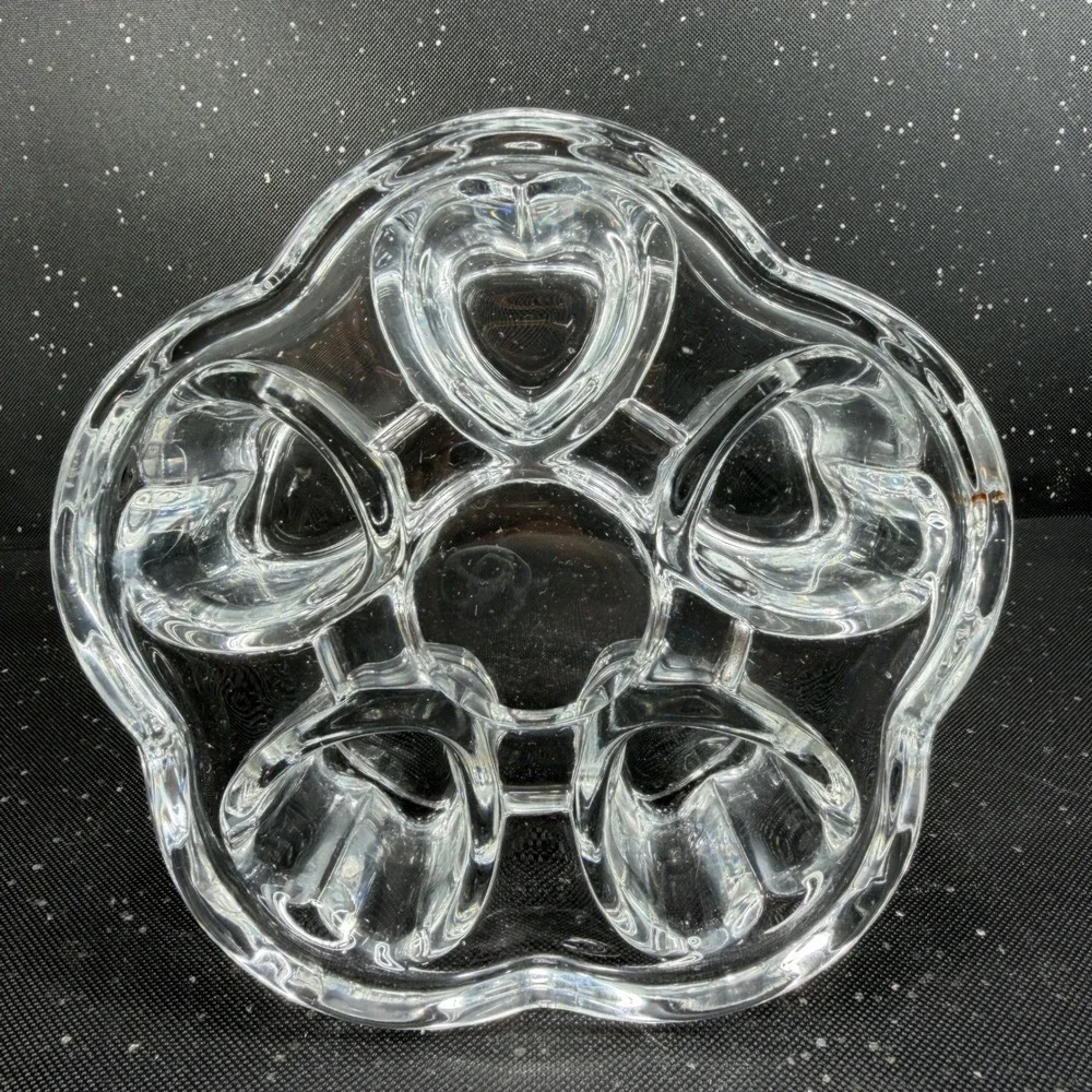 Vintage Clear Glass Heart Flower Votive Candle Holder 5 Well Trinket Dish 5in